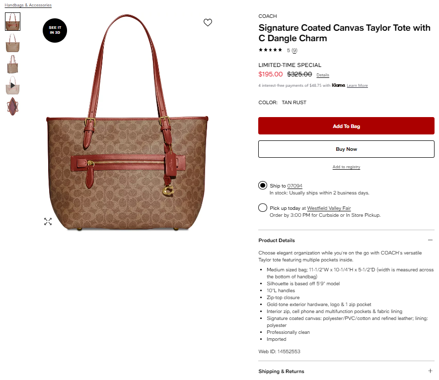 降價！COACH 蔻馳 Coated Taylor C標老花款托特包 6折 $195（約1396元）