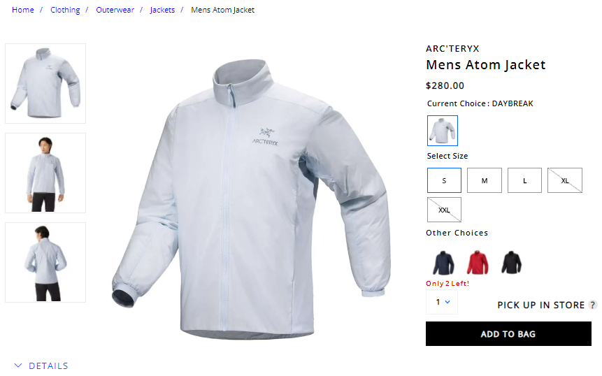 S-L碼還有！ARC'TERYX 男士 Atom 夾克 $280（約2009元）